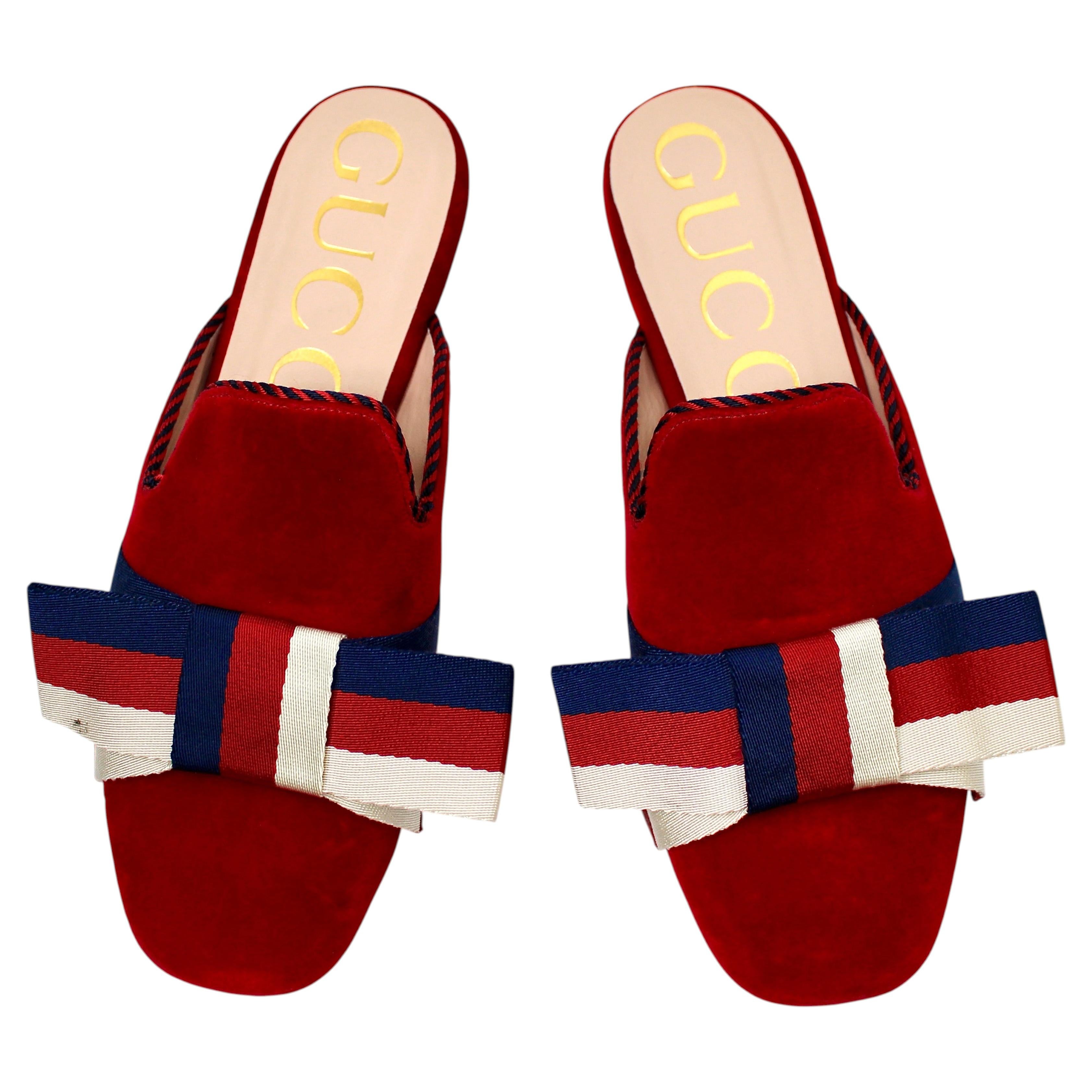 Gucci Red Velvet Striped Bow Flat Mule Slippers