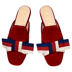 Gucci Red Velvet Striped Bow Flat Mule Slippers