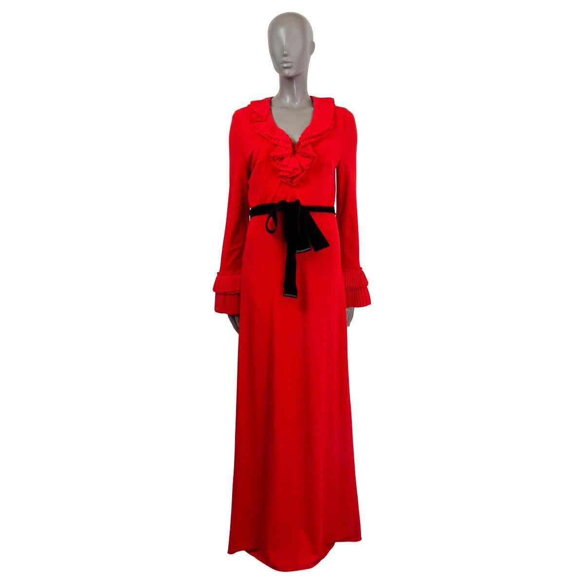 GUCCI red viscose 2016 RUFFLED VELVET BELTED JERSEY GOWN Maxi Dress L For Sale