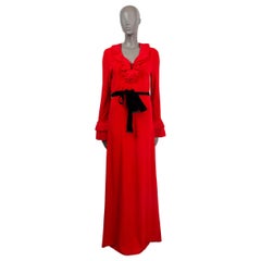 GUCCI red viscose 2016 RUFFLED VELVET BELTED JERSEY GOWN Maxi Dress L