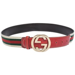 Gucci Red Web Canvas and Leather Interlocking GG Buckle Belt 80CM at ...