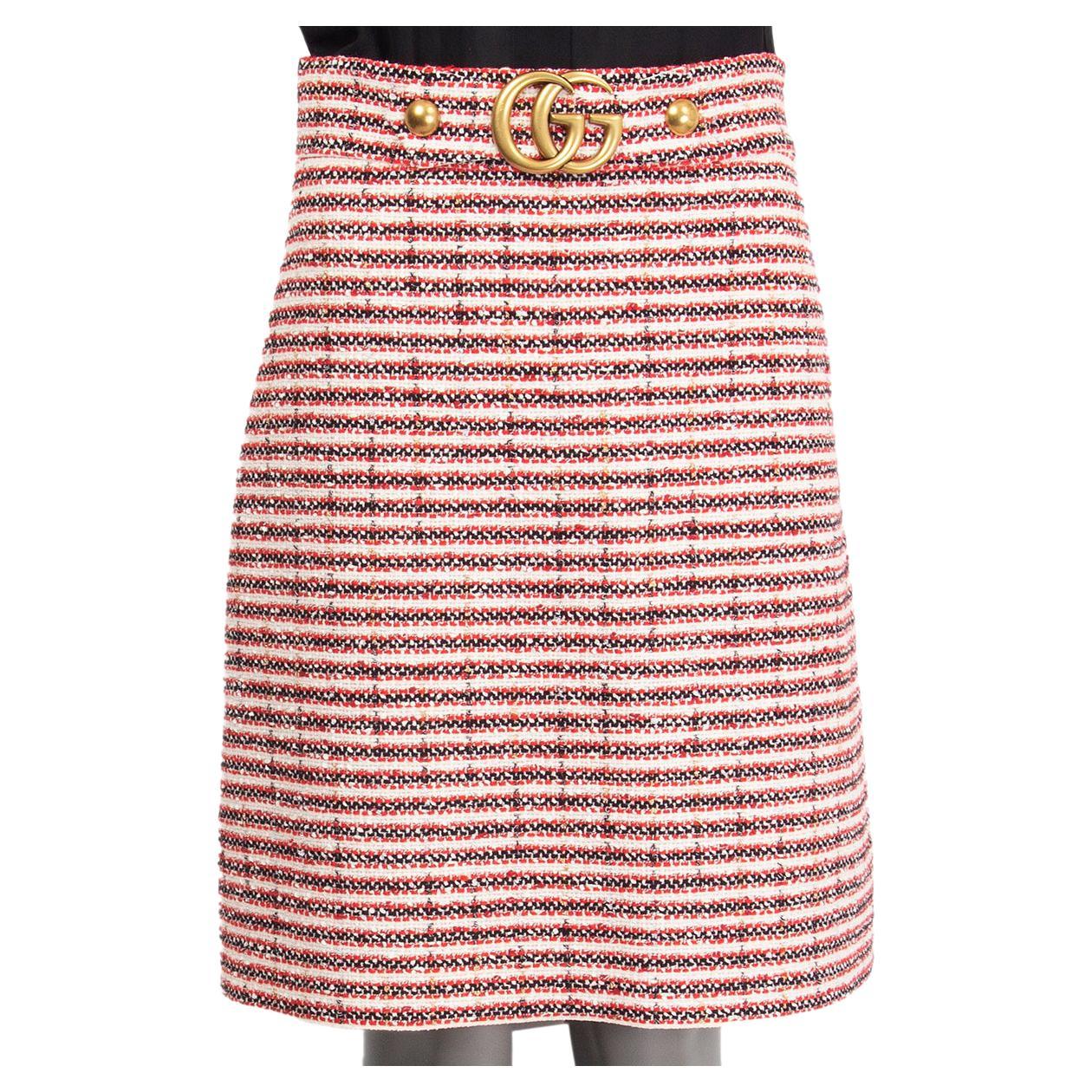 GUCCI red & white cotton STRIPE GG BUCKLE TWEED Skirt 42 M For Sale