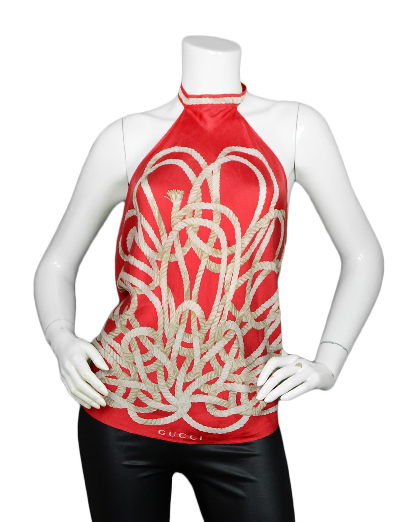 Gucci Red & White Silk Printed Back Tie Scarf Halter Top 

Made In: Italy
Color: Red, white
Materials: 100% silk
Opening/Closure: Back tie closure
Overall Condition: Very good pre-owned condition, with minor wear to back ties and missing size