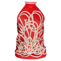 Gucci Red & White Silk Printed Back Tie Scarf Halter Top