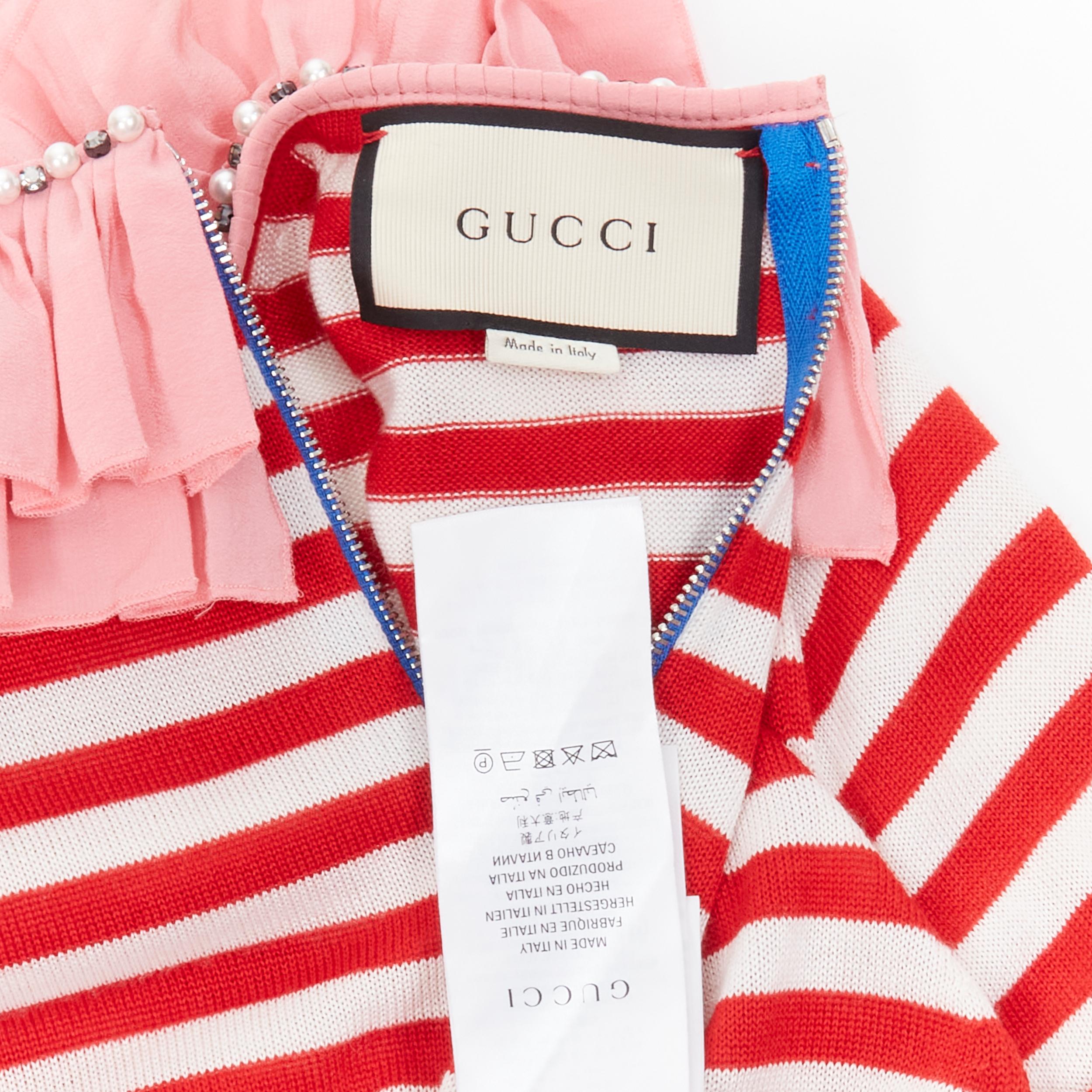 GUCCI red white stripe pink silk trimmed pearl crystal collar sweater L For Sale 3