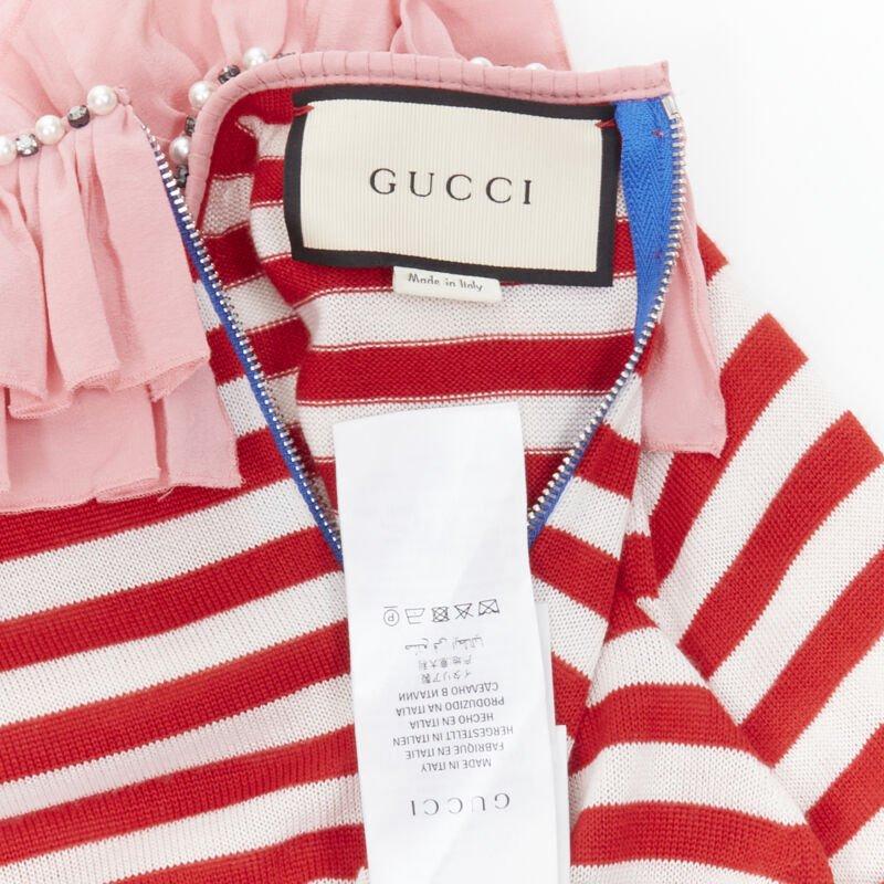 GUCCI red white stripe pink silk trimmed pearl crystal collar sweater L For Sale 6