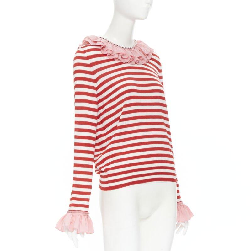 Beige GUCCI red white stripe pink silk trimmed pearl crystal collar sweater L For Sale