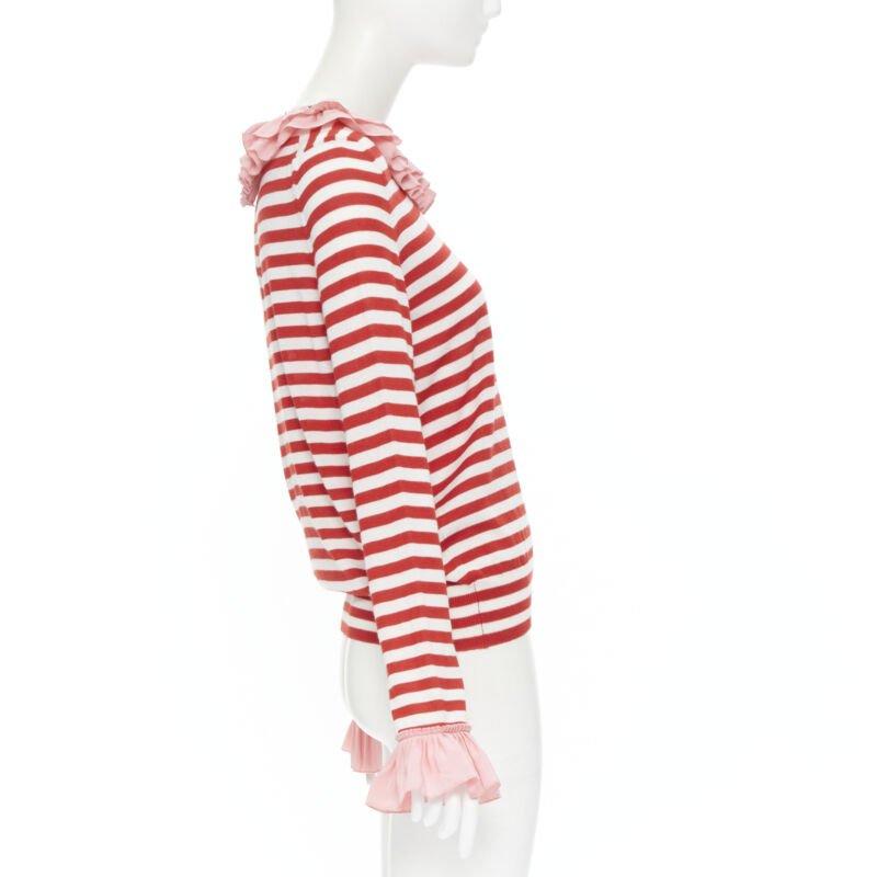 GUCCI red white stripe pink silk trimmed pearl crystal collar sweater L In Excellent Condition For Sale In Hong Kong, NT
