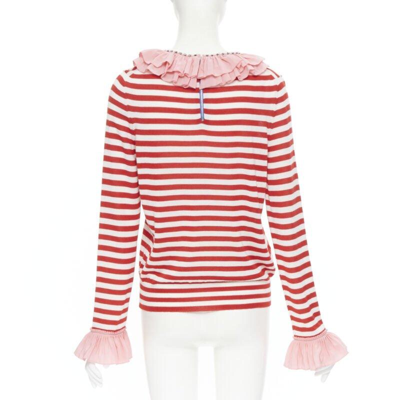 Women's GUCCI red white stripe pink silk trimmed pearl crystal collar sweater L For Sale