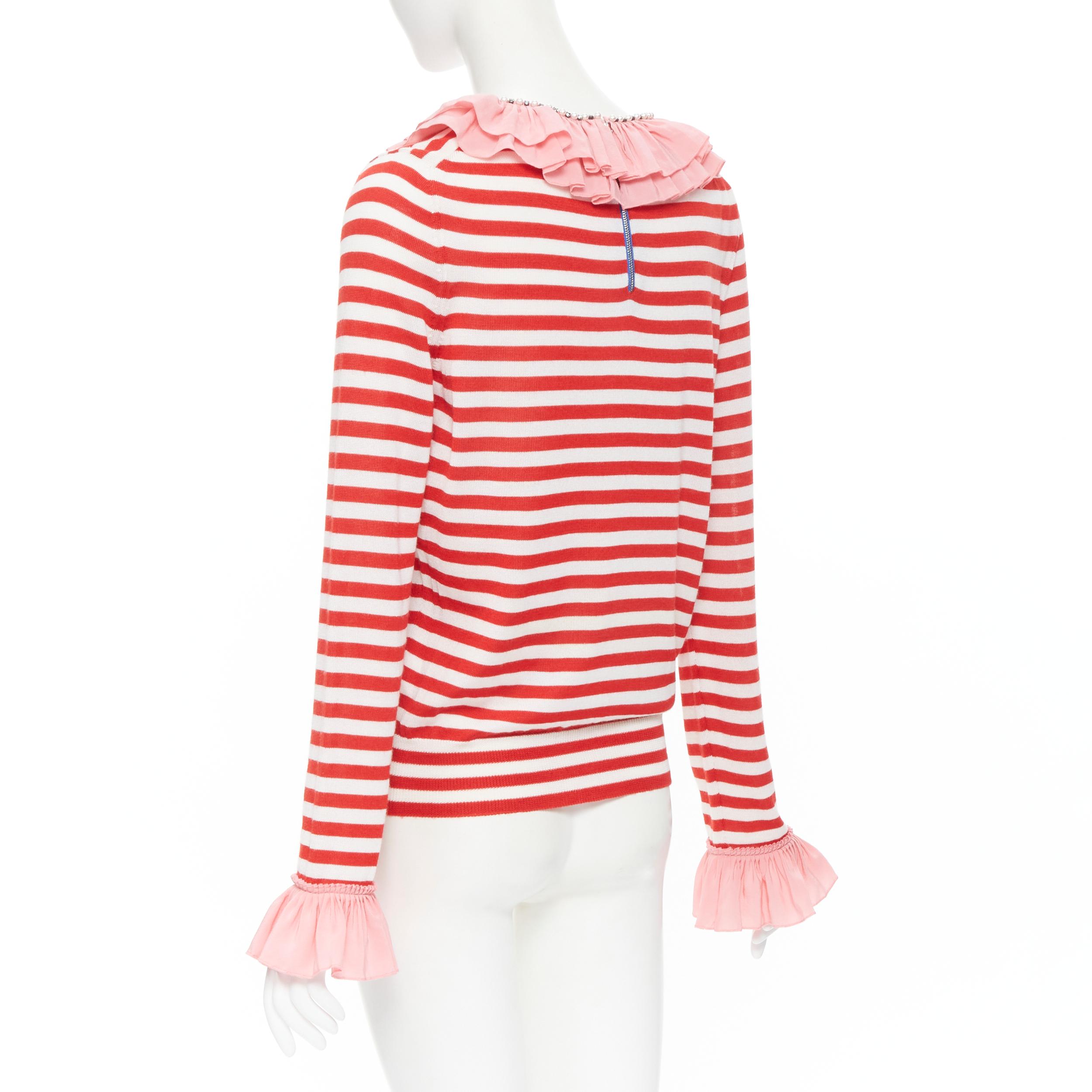 Beige GUCCI red white stripe pink silk trimmed pearl crystal collar sweater L For Sale