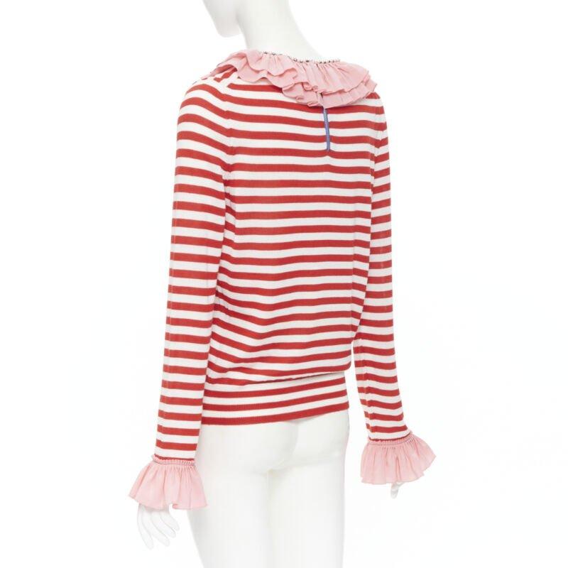 GUCCI red white stripe pink silk trimmed pearl crystal collar sweater L For Sale 1
