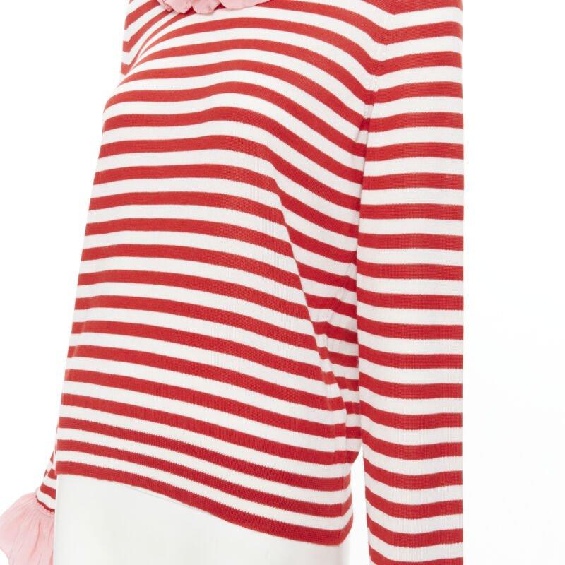 GUCCI red white stripe pink silk trimmed pearl crystal collar sweater L For Sale 2