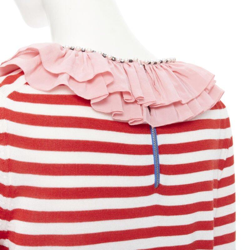 GUCCI red white stripe pink silk trimmed pearl crystal collar sweater L For Sale 3