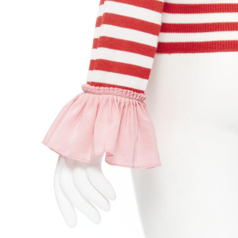 GUCCI red white stripe pink silk trimmed pearl crystal collar sweater L For Sale 4