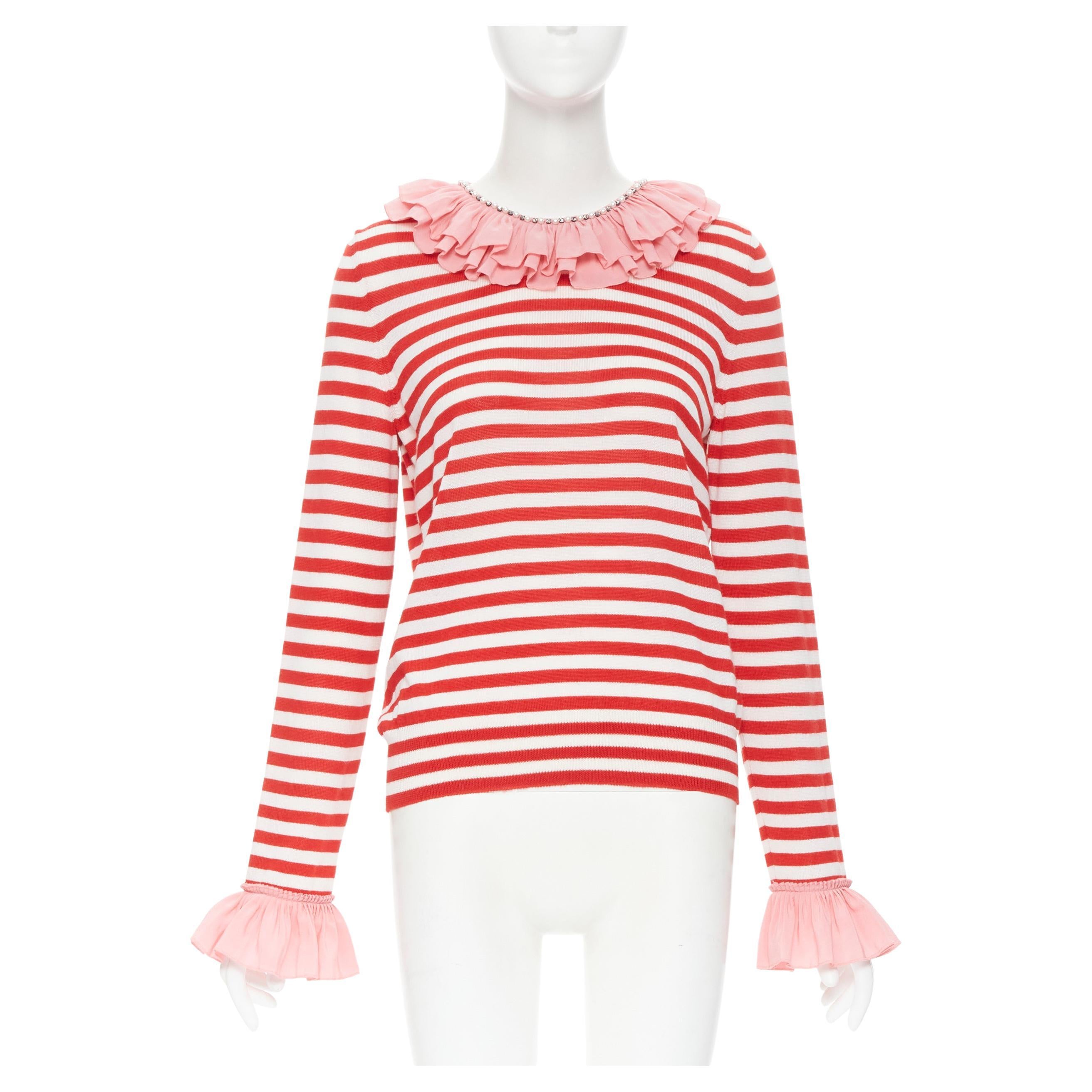 GUCCI red white stripe pink silk trimmed pearl crystal collar sweater L For Sale