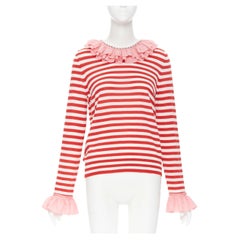 Used GUCCI red white stripe pink silk trimmed pearl crystal collar sweater L