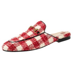 Used Gucci Red/White Tweed Princetown Mule Sandals Size 39