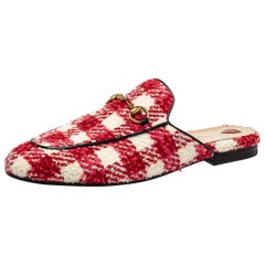 Used Gucci Red/White Tweed Princetown Mules Sandals Size 39