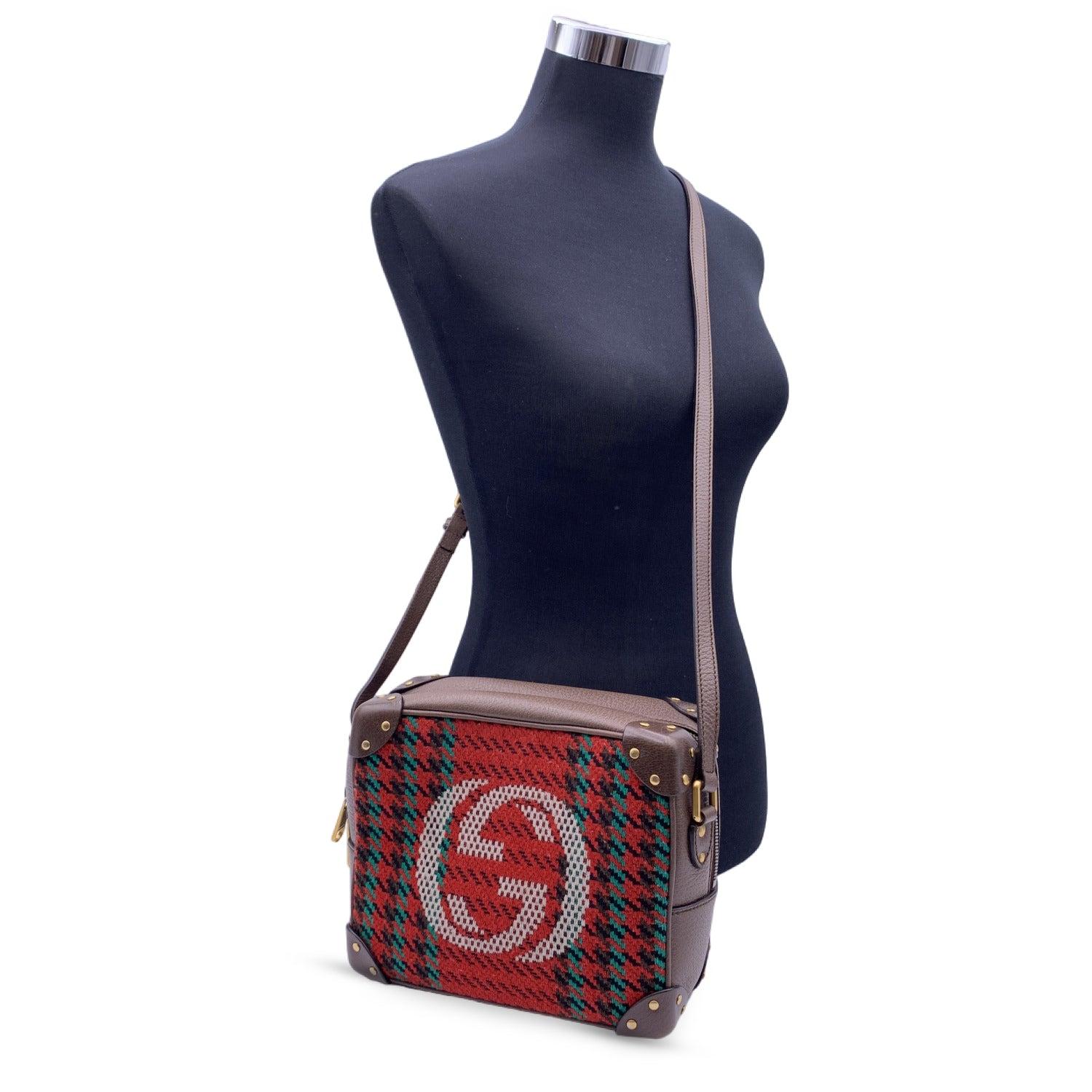 This beautiful Bag will come with a Certificate of Authenticity provided by Entrupy. The certificate will be provided at no further cost. Gucci shoulder bag crafted in red, black, green and brown houndstooth wool with gr brown leather trim and