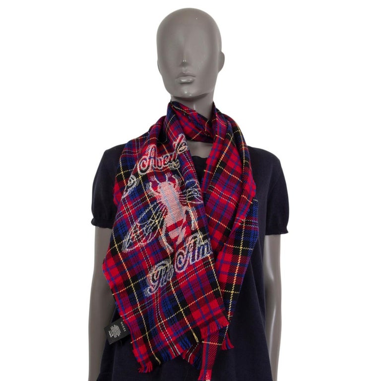 GUCCI red wool L'AVEUGLE PAR AMOUR CHECK Muffler Scarf For Sale at 1stDibs