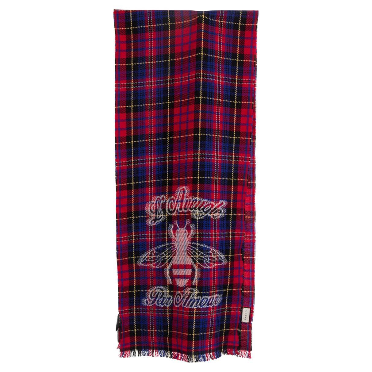 GUCCI red wool L'AVEUGLE PAR AMOUR CHECK Muffler Scarf For Sale