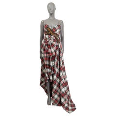 GUCCI red wool LEOPARD APPLIQUE TARTAN GOWN Dress 40 S