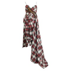 GUCCI red wool LEOPARD APPLIQUE TARTAN GOWN Dress 40 S