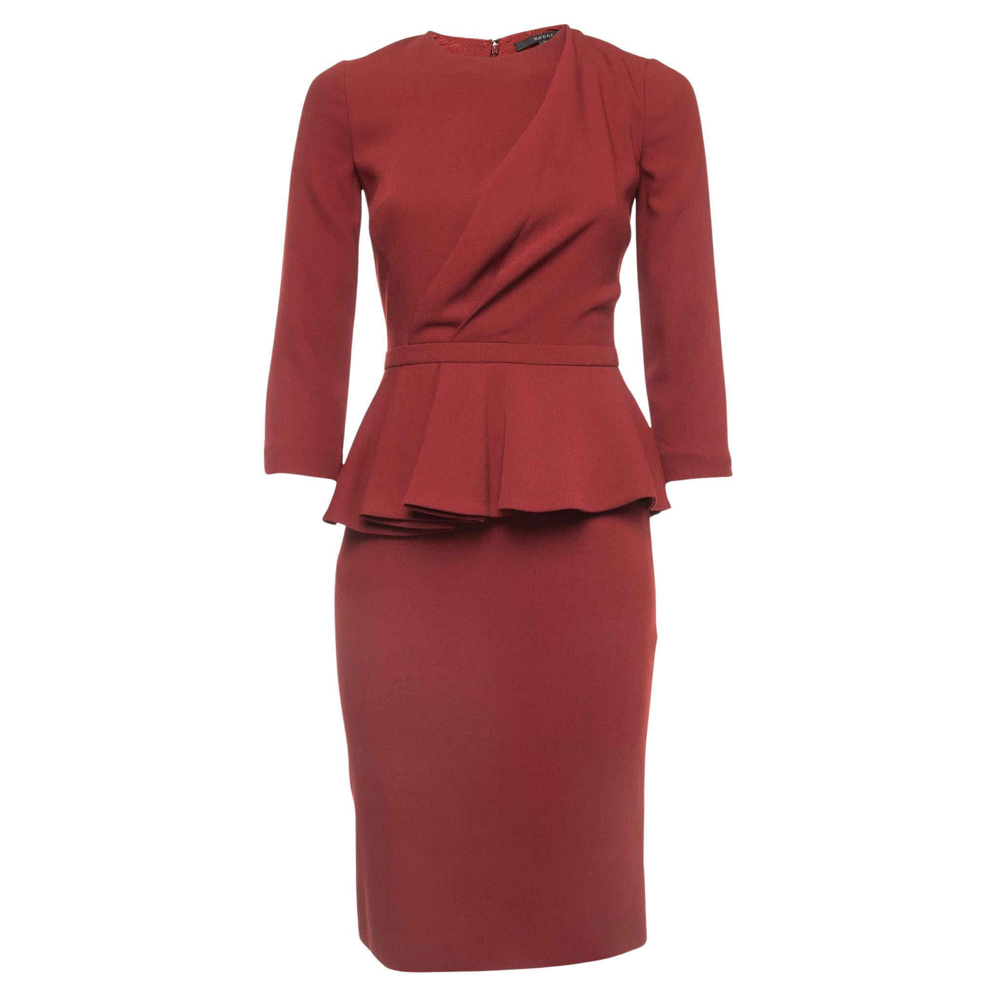 Gucci Red Wool Pleated Peplum Midi Dress S For Sale
