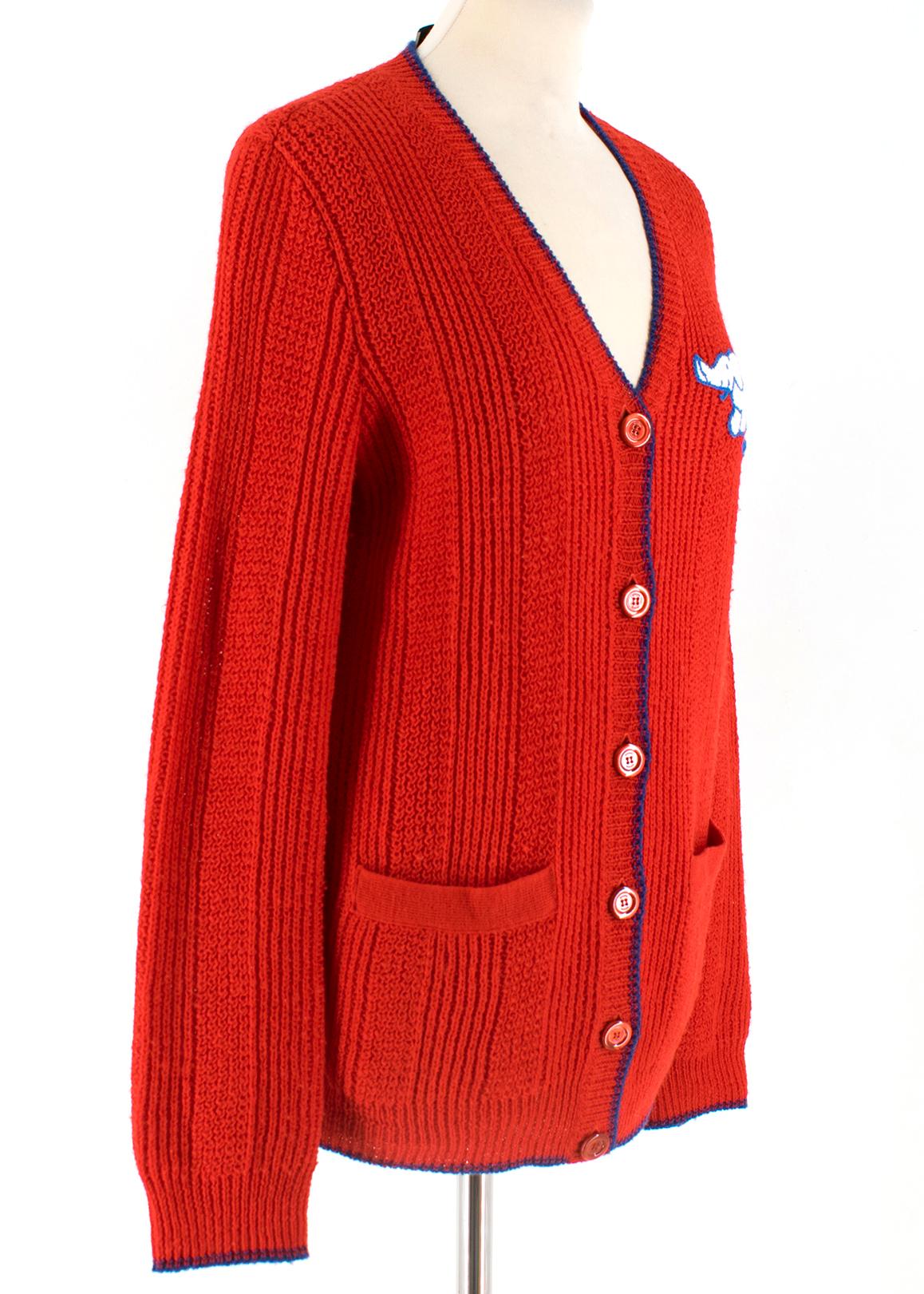 Gucci Women's Red Elephant Patch Cardigan. RRP £1200

-Long sleeve knit wool cardigan in bright red 
- Rib knit blue Y-neck collar, cuffs, and hem
- Embroidered elephant and logo in white and blue at the chest
- Button closure at front
- Patch