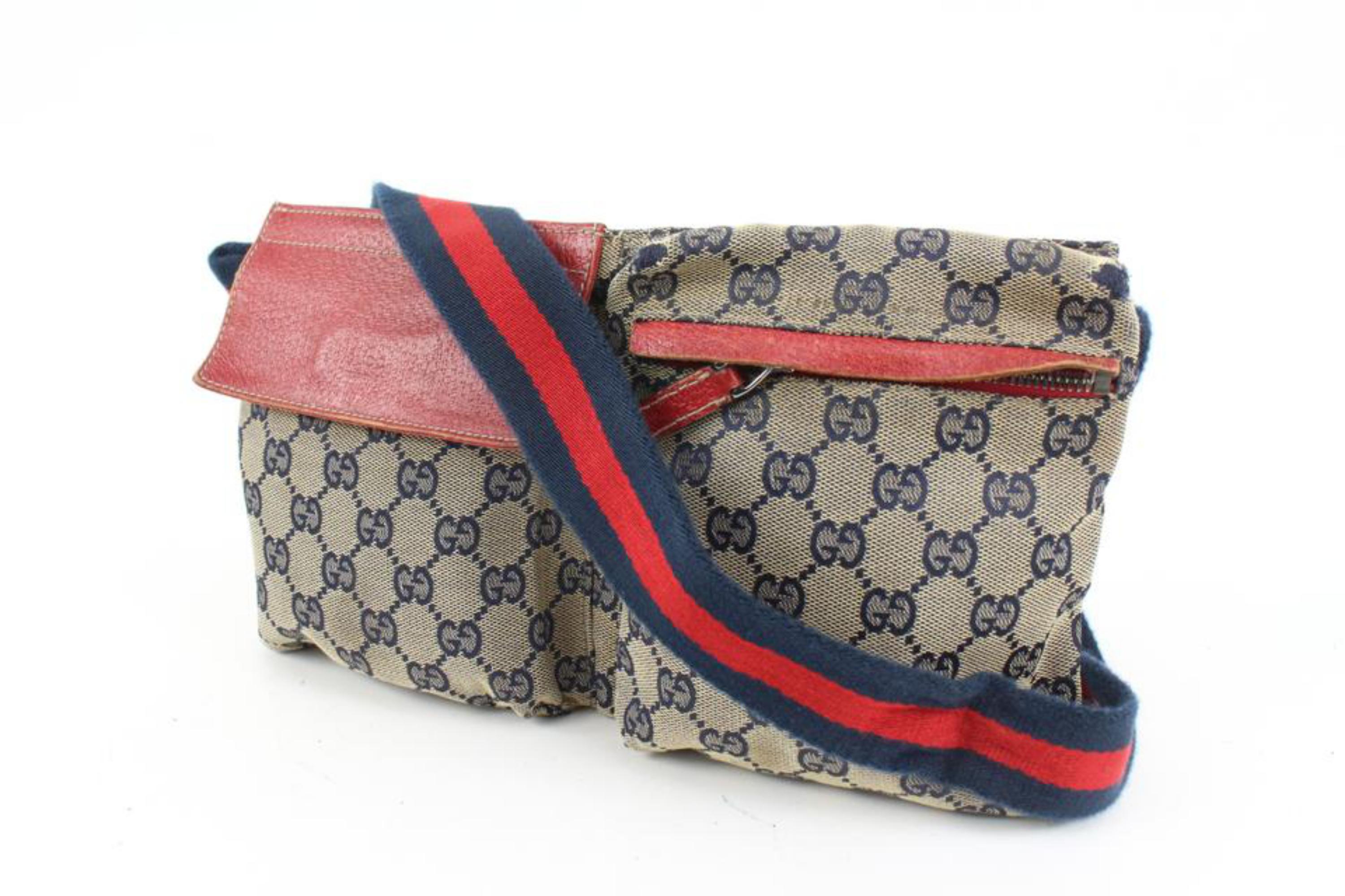 Gucci Red x Navy Monogram GG Belt Bag Waist Pouch Fanny Pack 30g420s
Date Code/Serial Number: 28566 200047
Made In: Italy
Measurements: Length:  12