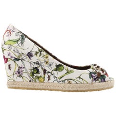 Used GUCCI Resort 2013 “Charlotte" Flora Canvas Horsebit Espadrille Peep Toe Wedge