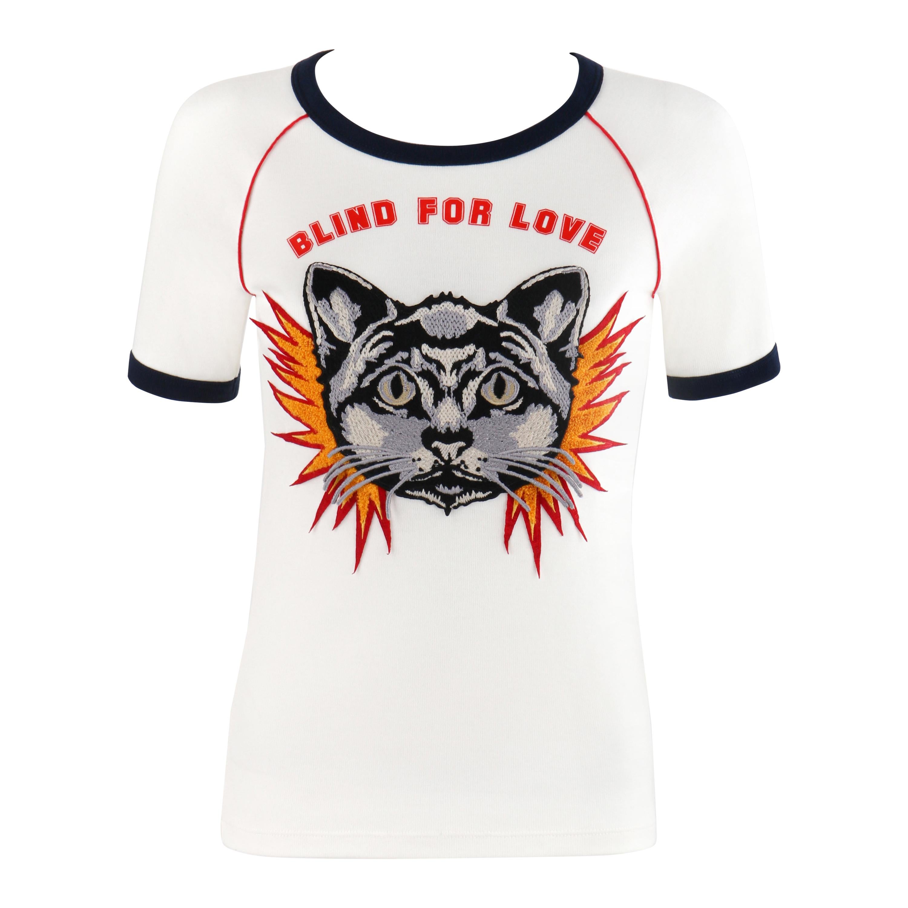 GUCCI Resort 2017 "Blind for Love" Embroidered Cat Patch Jersey T-Shirt Top For Sale