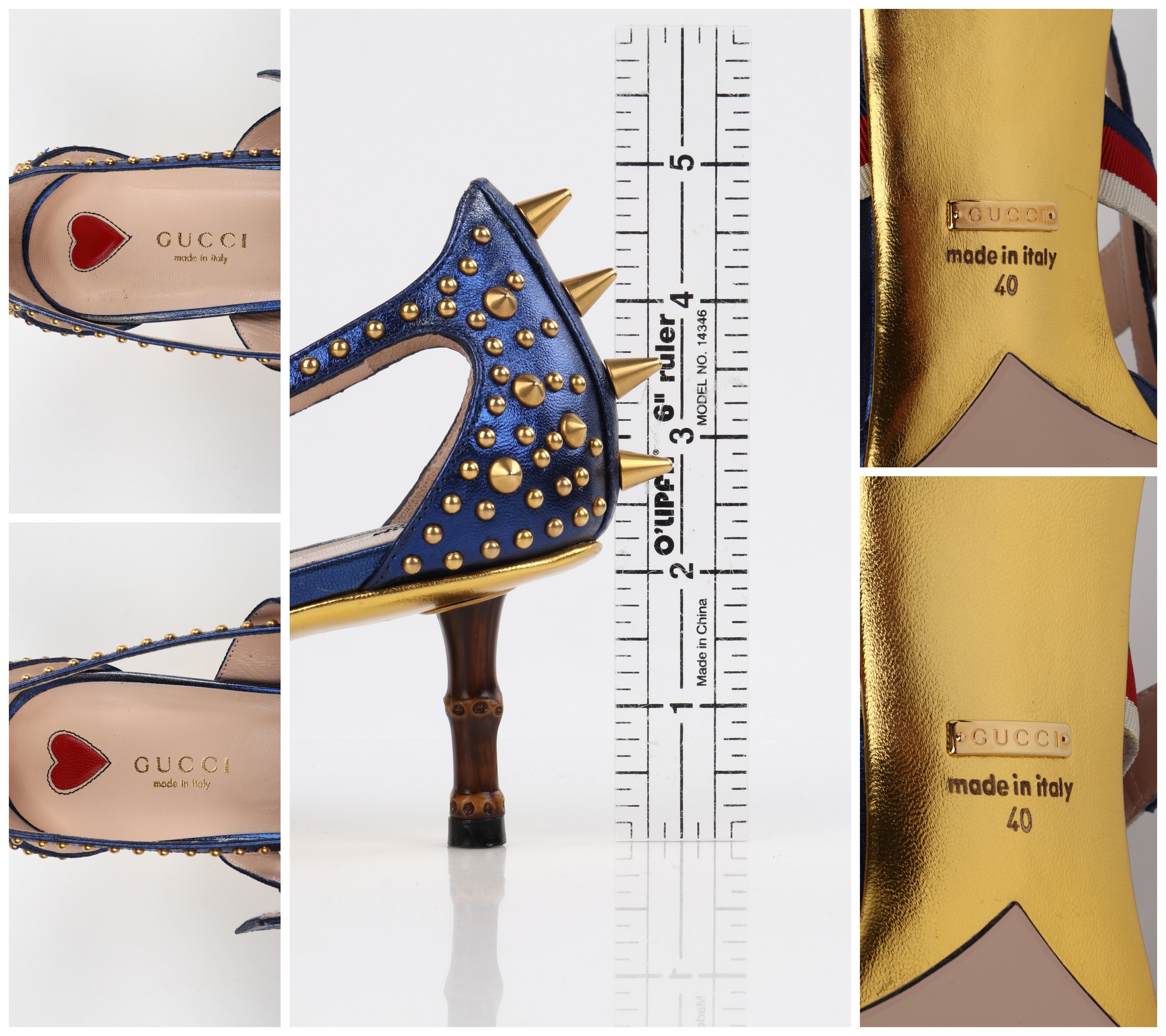 Escarpins à petit talon en cuir bleu métallisé et clous dorés « Unia » GUCCI, collection Croisière 2017  en vente 6