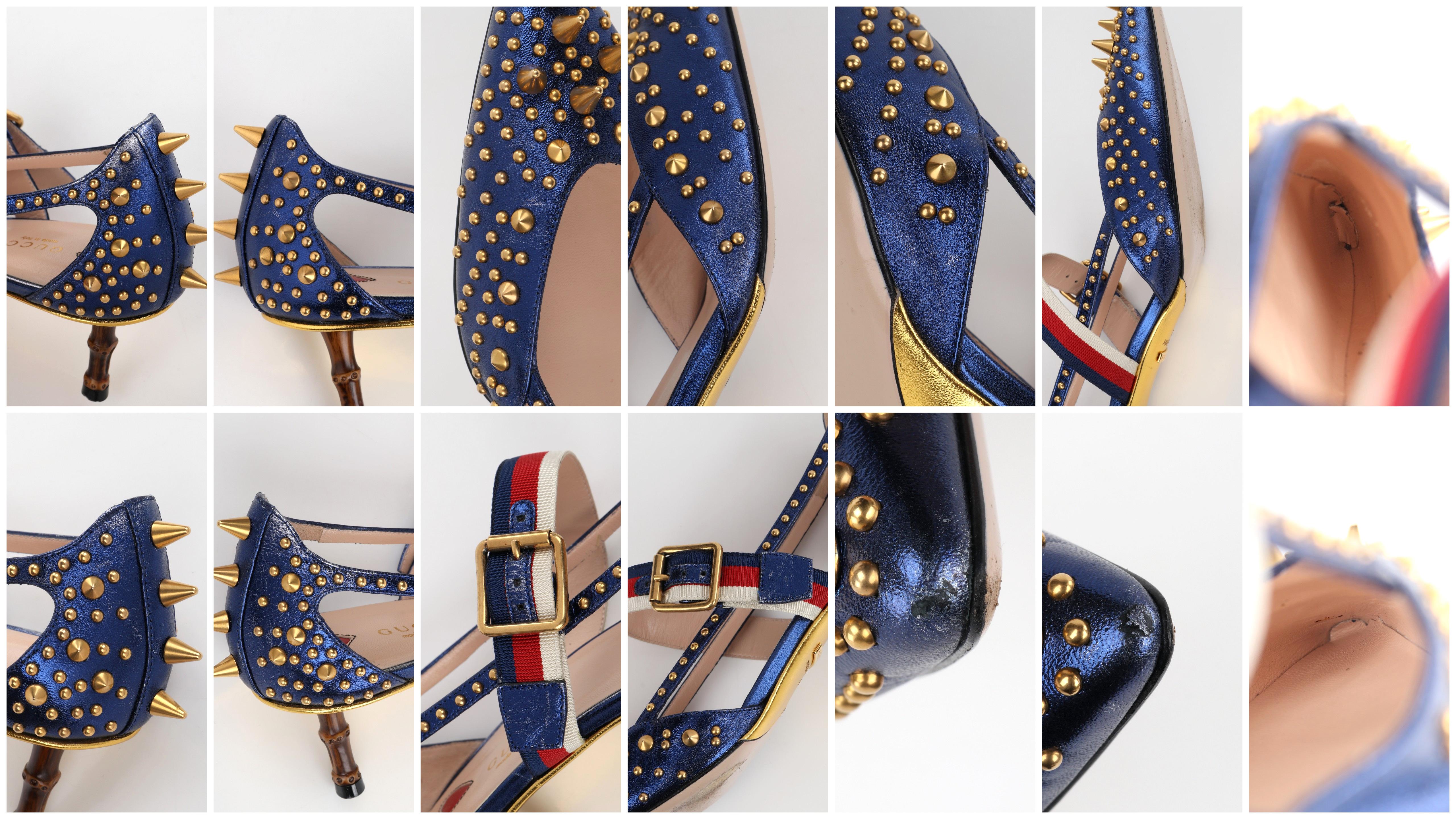 GUCCI Resort 2017 “Unia” Metallic Blue Leather Gold Spike Stud Kitten Heel Pumps For Sale 4