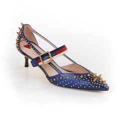 GUCCI Resort 2017 “Unia” Metallic Blue Leather Gold Spike Stud Kitten Heel Pumps