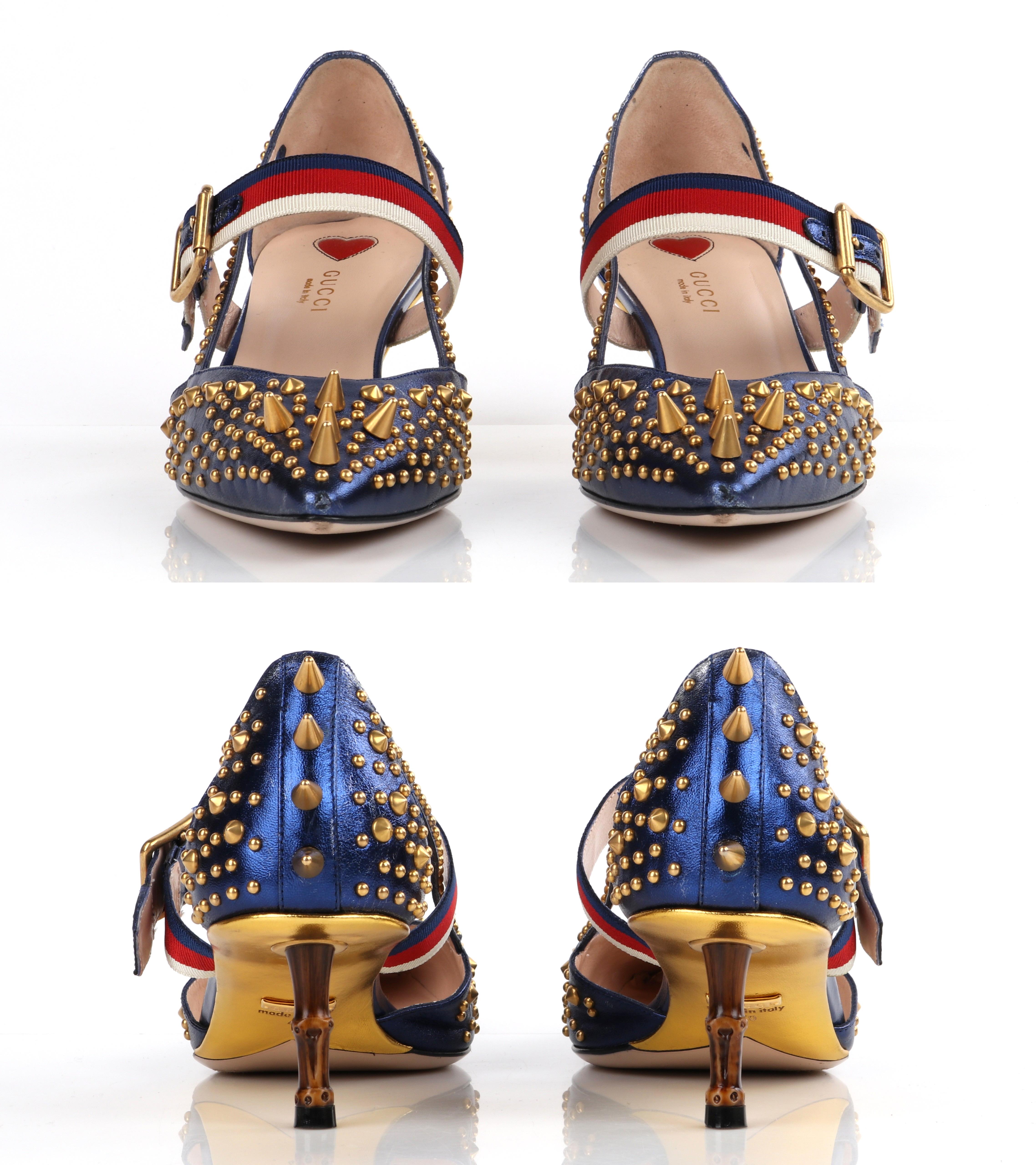 GUCCI Resort 2017 “Unia” Metallic Blue Leather Gold Spike Stud Kitten Heel Pumps In Good Condition For Sale In Thiensville, WI