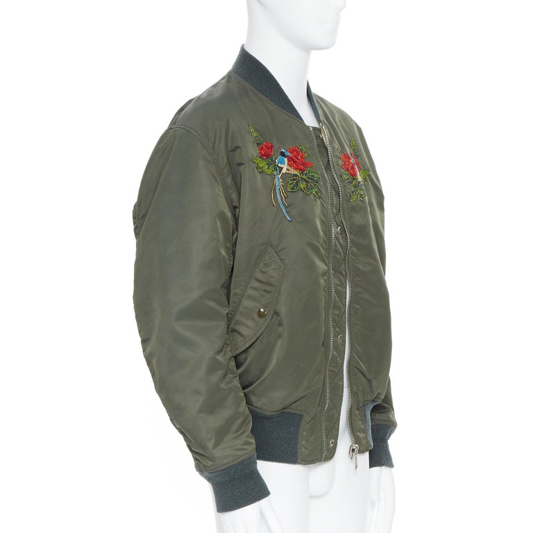 Gucci Reversible Green Nylon Swallow Embroidered Ma 1 Padded Bomber Jacket It48 For Sale At 1stdibs