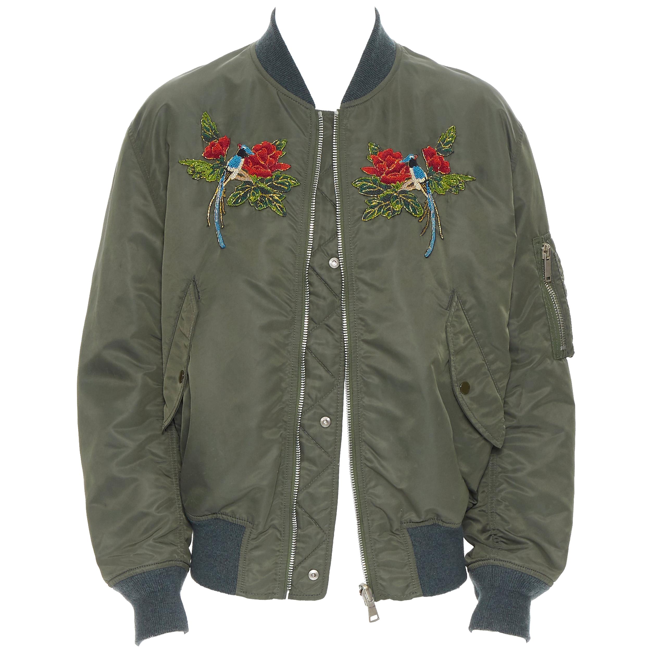 GUCCI Reversible green nylon swallow embroidered MA-1 padded bomber jacket IT48