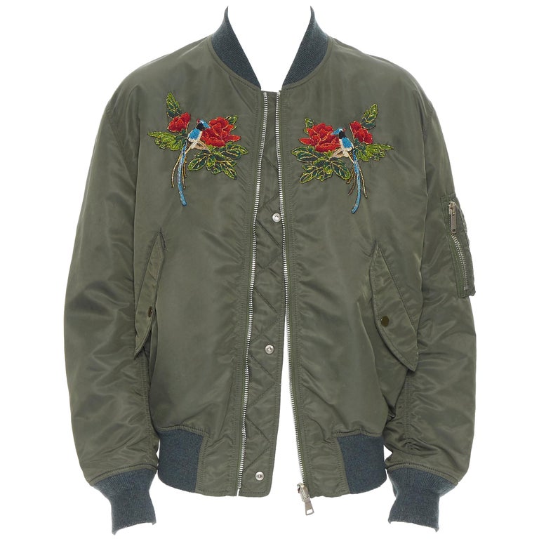 GUCCI Reversible green nylon swallow embroidered MA-1 padded bomber ...