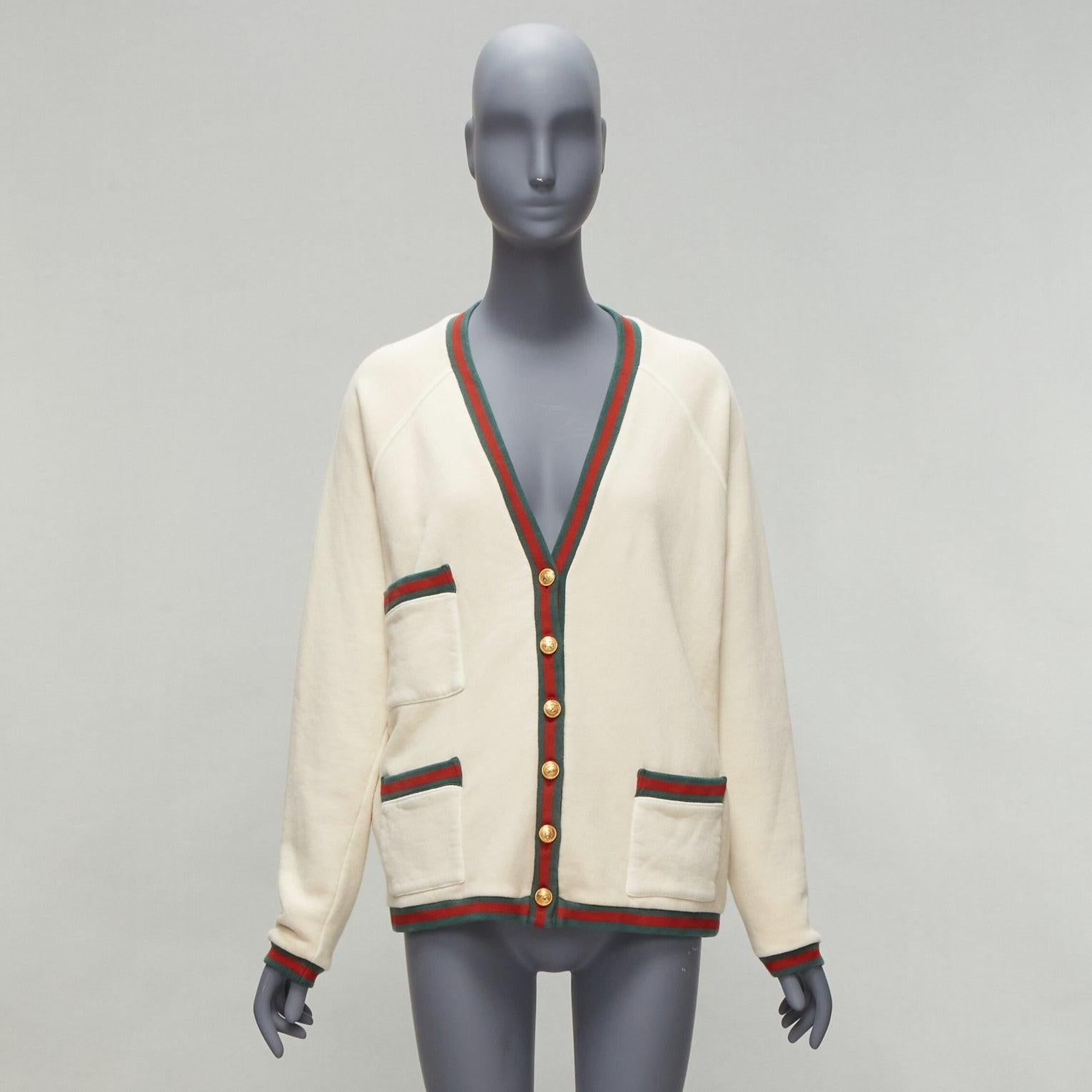 GUCCI Cardigan surdimensionné réversible vert rouge toile or GG bouton S en vente 5