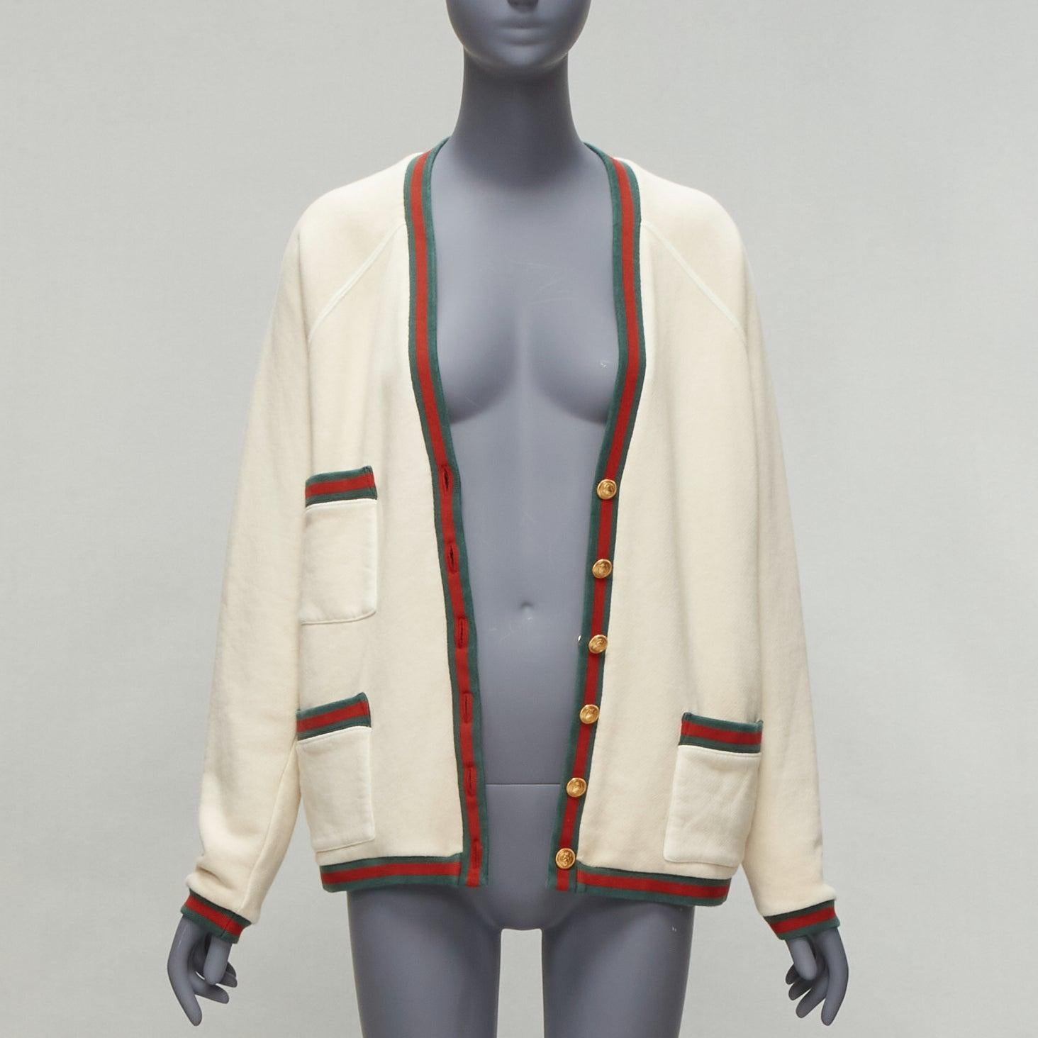 Beige GUCCI Cardigan surdimensionné réversible vert rouge toile or GG bouton S en vente
