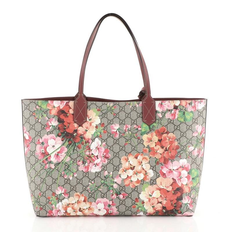 Brown Gucci Reversible Tote Blooms GG Print Leather Medium