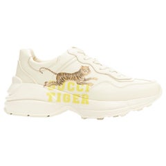 GUCCI Rhyton cream Tiger print leather panelled chunky dad sneakers EU37.5