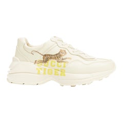 GUCCI Rhyton cream Tiger print leather panelled chunky dad sneakers EU37.5