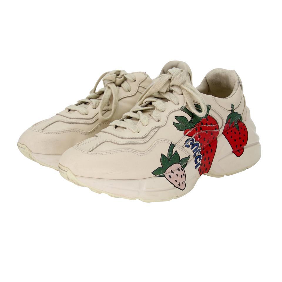 Beige Gucci Rhyton Logo 37 Leather Handpainted Strawberries Sneakers GG-0525N-0217 For Sale