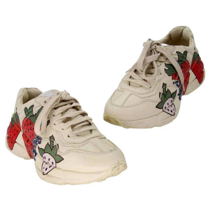 Gucci Rhyton Logo 38 Handpainted Strawberries Leather Sneakers GG-0529N-0221 For Sale