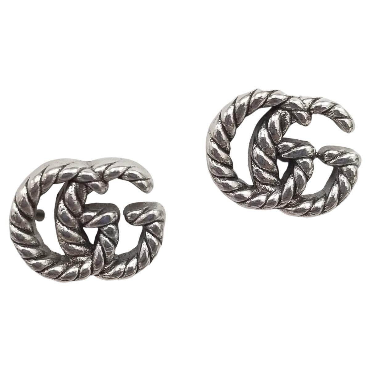 Gucci Rope "GG" Logo Rhodium Plated Earrings For Sale