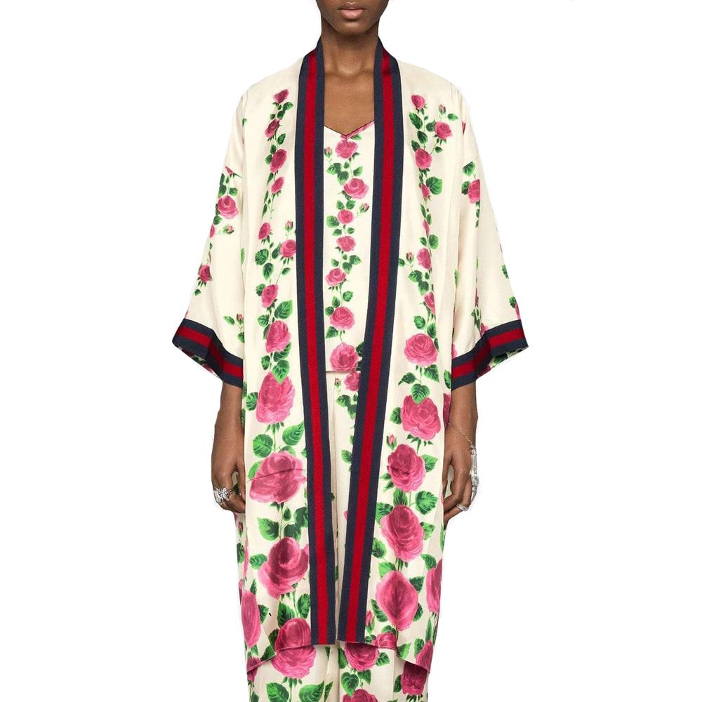 Roses in bloom climb up toward the top of this silk kimono with blue and red Web trim and belt. Unlined. Rose Garden print silk twill. Blue and red Web trim and belt. Wrinkled finish. 100% silk. Made in Italy. The model is 179cm and is wearing size