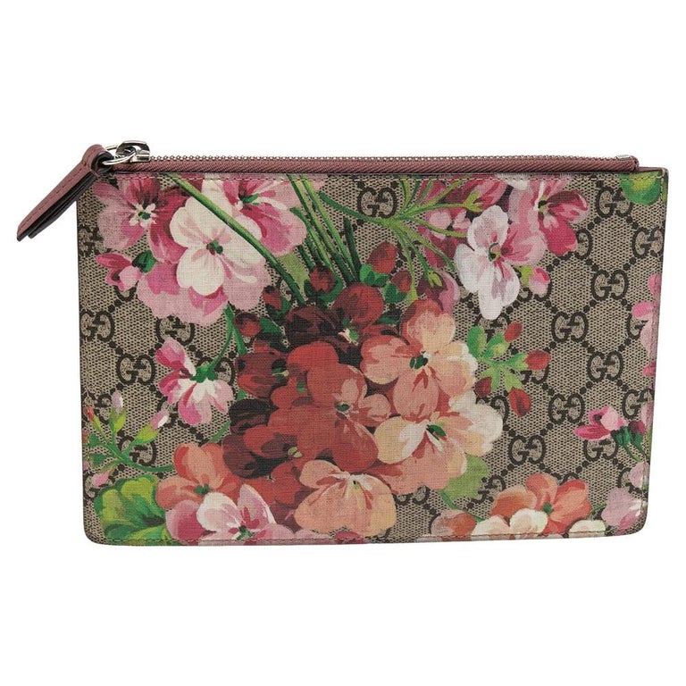 Gucci GG Supreme Monogram Small Blooms Zip Pouch Antique Rose