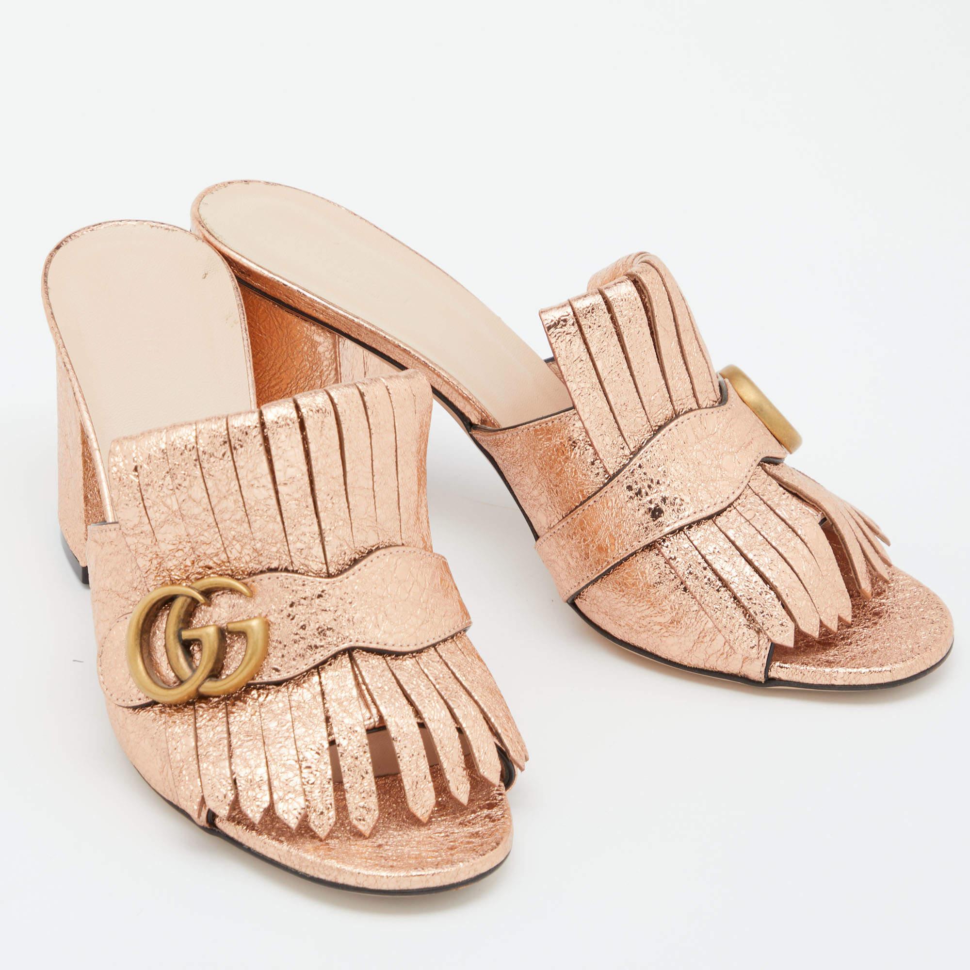 Women's Gucci Rose Gold Foil Leather GG Marmont Fringe Detail Block Heel Pumps Size 39.5